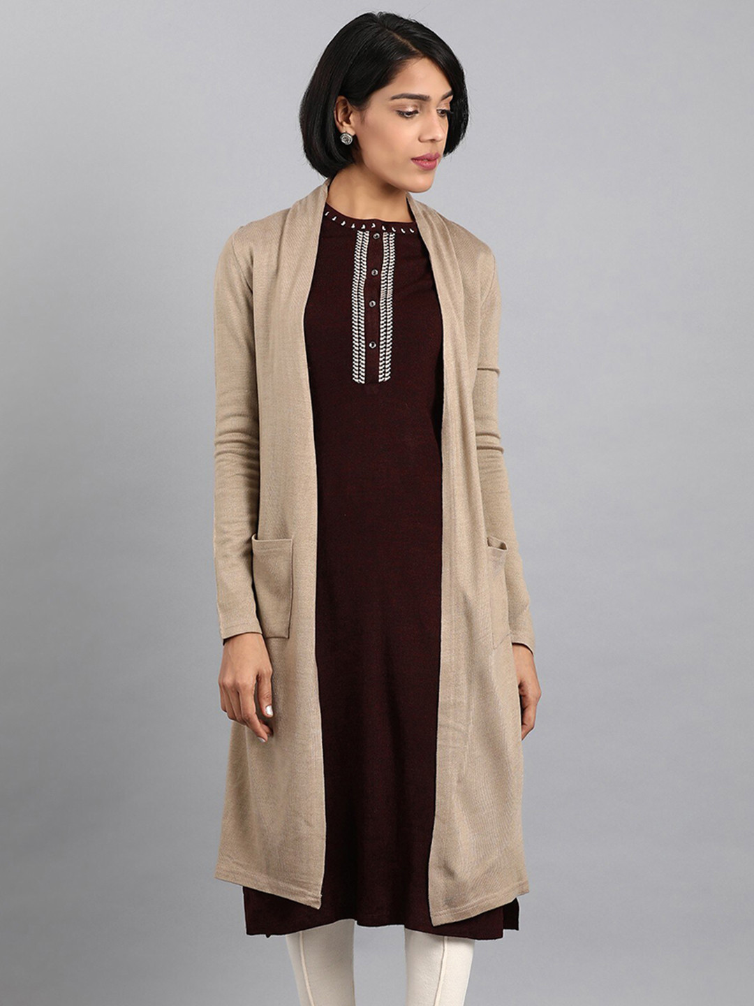 W Women Beige Longline Cardigan