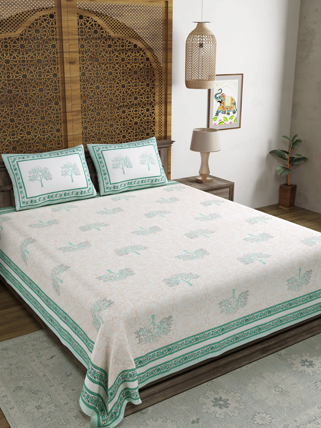 BLOCKS OF INDIA Green Ethnic Motifs Cotton 210 TC King Fine Bedsheet with 2 Pillow Covers-228 x 274 cm