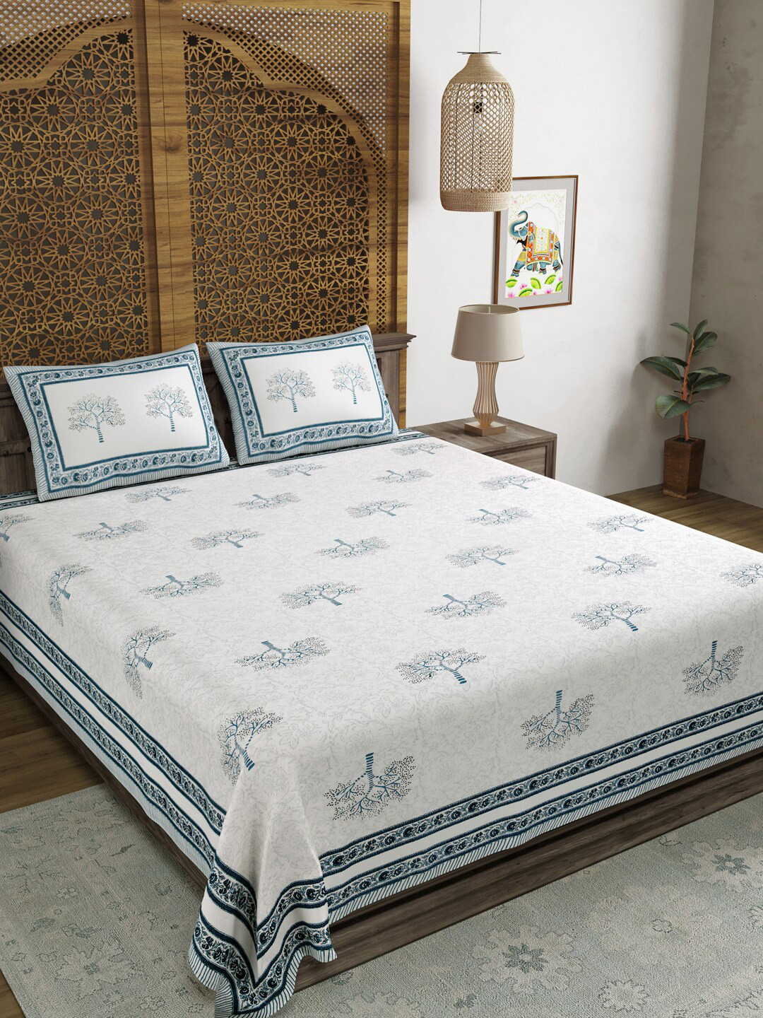 BLOCKS OF INDIA Blue Floral Cotton 210 TC King Fine Bedsheet with 2 Pillow Covers-93 x 108 inches