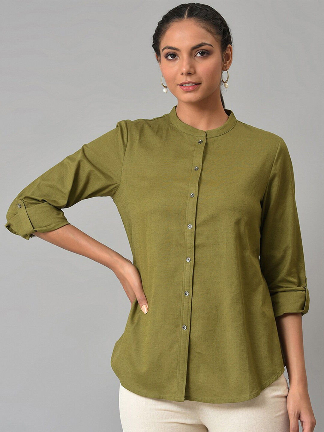 W Olive Green Mandarin Collar Roll-Up Sleeves Shirt Style Top
