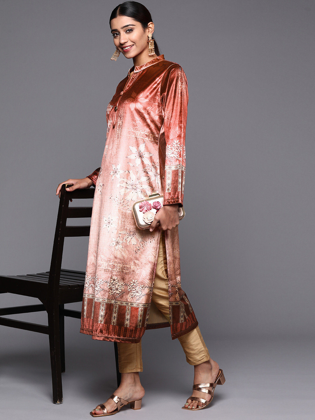 Libas Women Rust Orange Floral Printed Velvet Kurta