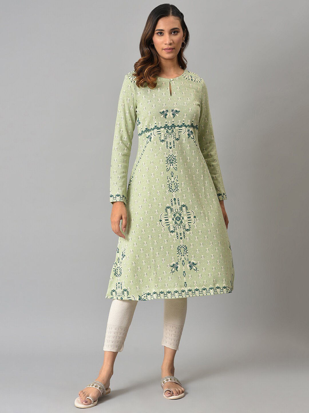 W Women Green Ethnic Motifs Keyhole Neck Woven Design Kurta