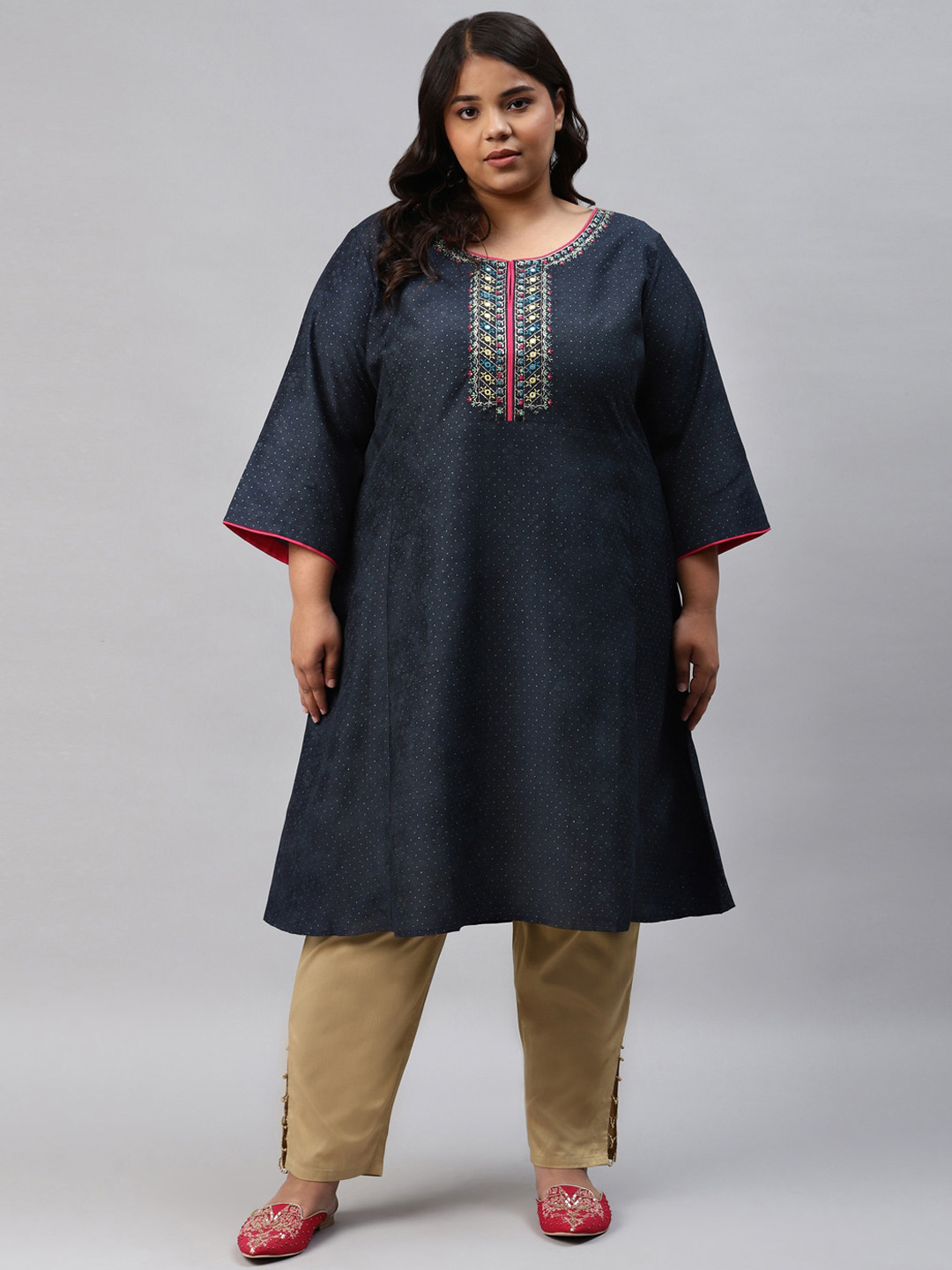 W Women Blue Flared Sleeves Thread Work Kurta
