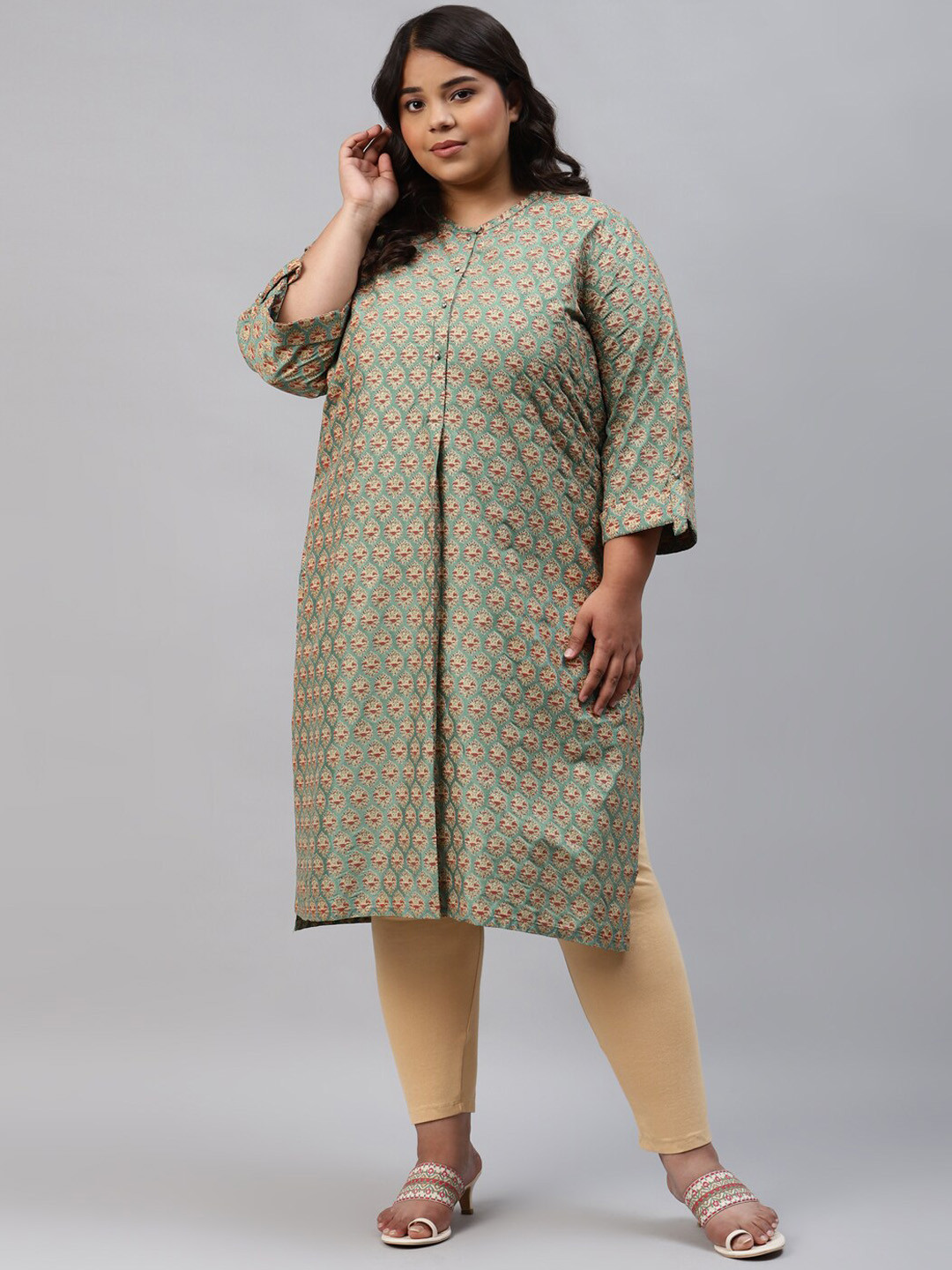W Women Plus Size Green Ethnic Motifs Printed Rolled Up Sleeves Kurta
