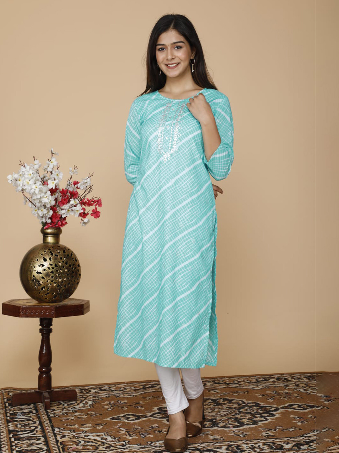 SP DESIGNS Women Sea Green & White Printed Cotton Kurta