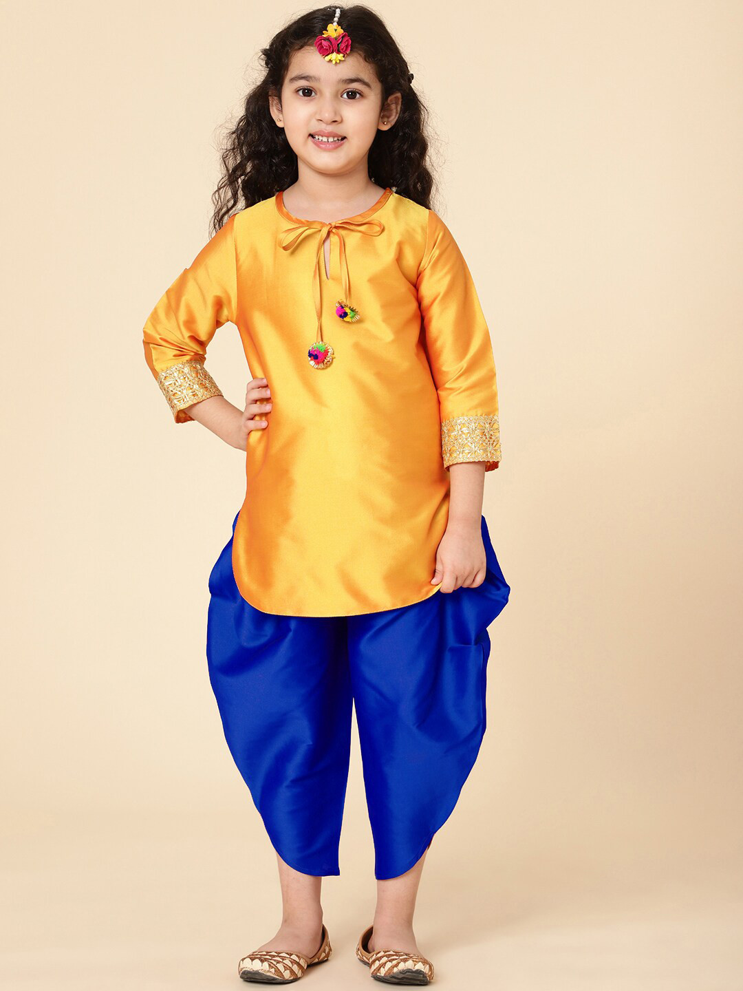 A T U N Girls Mustard Yellow Kurta with Dhoti Pants
