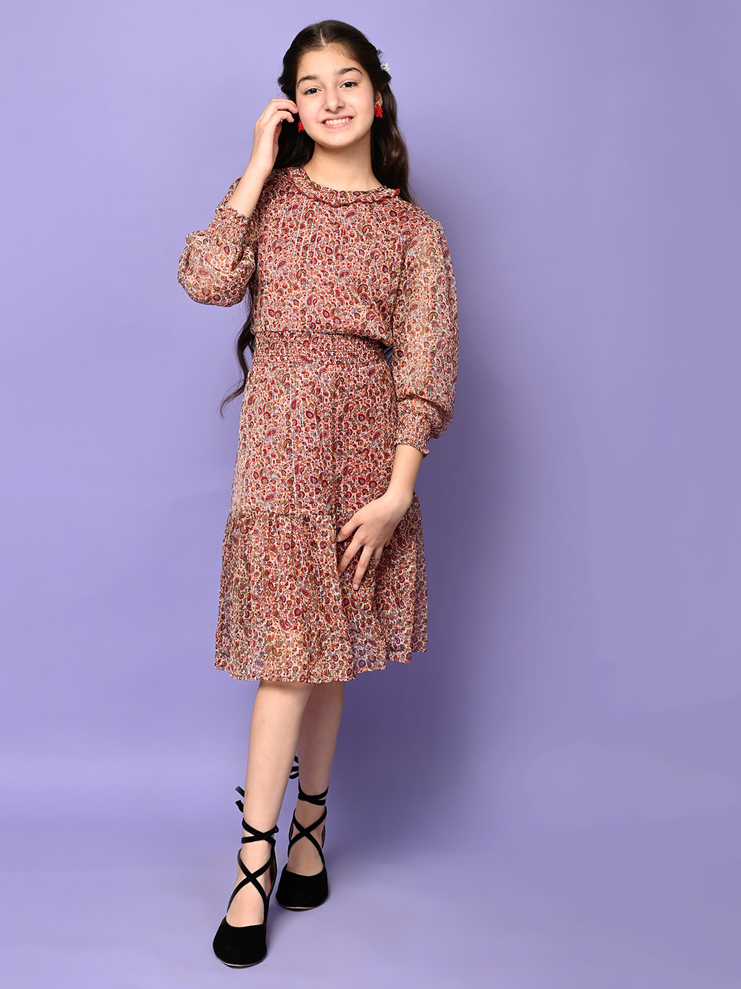 LilPicks Girls Brown Ethnic Motifs Georgette Three-Fourth Sleeves A-Line Dress
