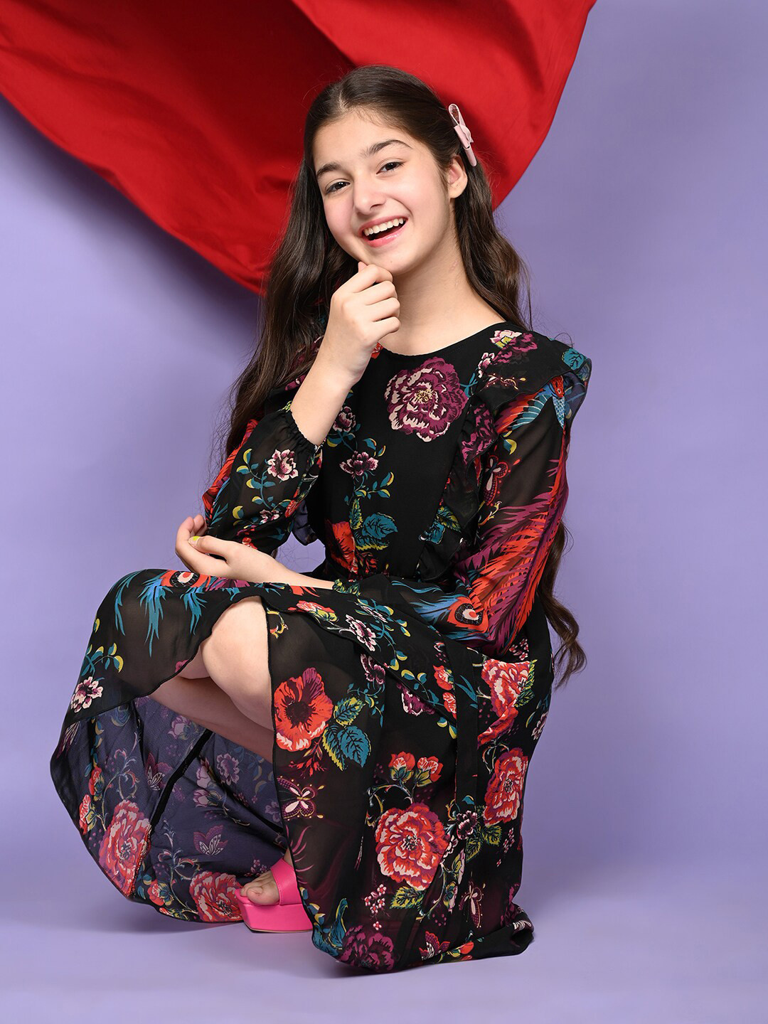 LilPicks Girl Black Floral Georgette Dress