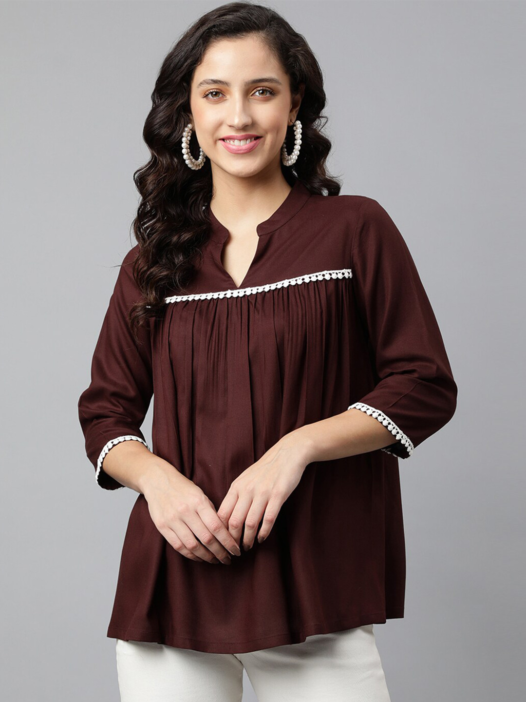DEEBACO Brown Mandarin Collar Top