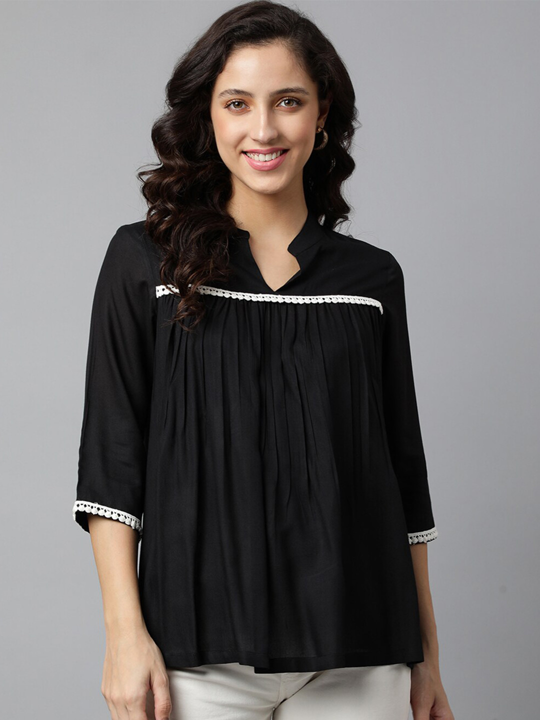 DEEBACO Black Mandarin Collar Top