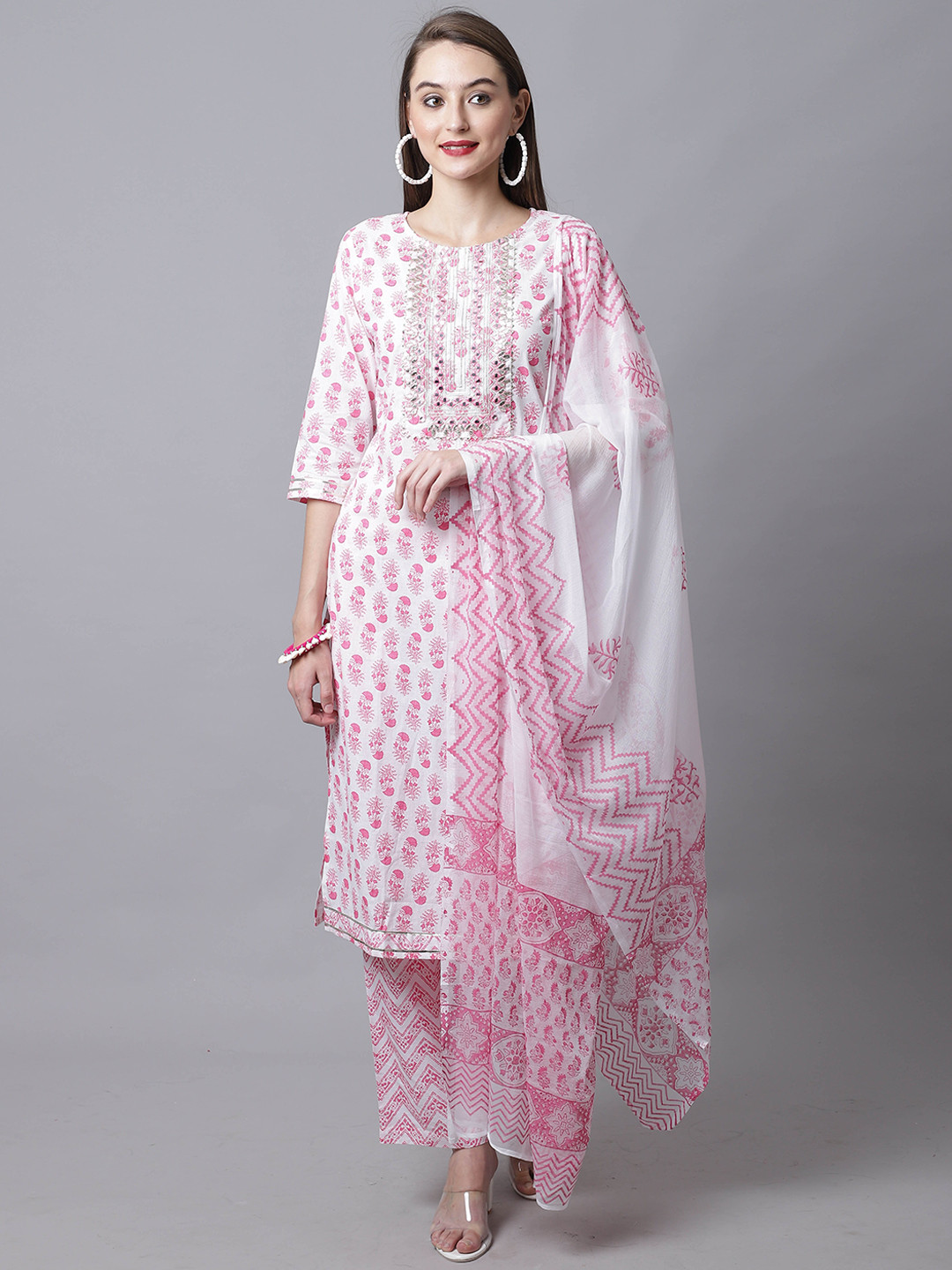 Rajnandini Women White Embroidered Pure Cotton Kurta with Trouser & With Dupatta Set