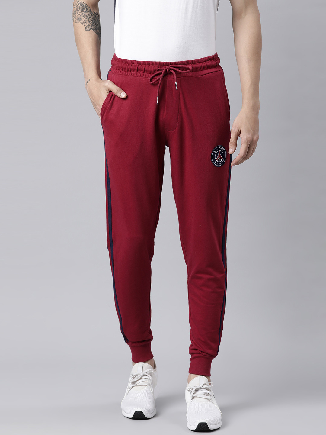 PSG Men Maroon Solid Regular-Fit Side Stripes Joggers