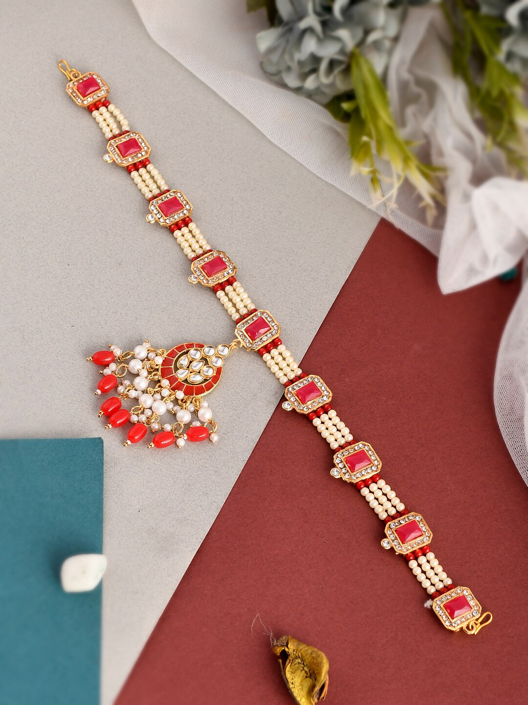 Silvermerc Designs Gold Plated AD Traditional Wedding Matha Patti Sheeshphool