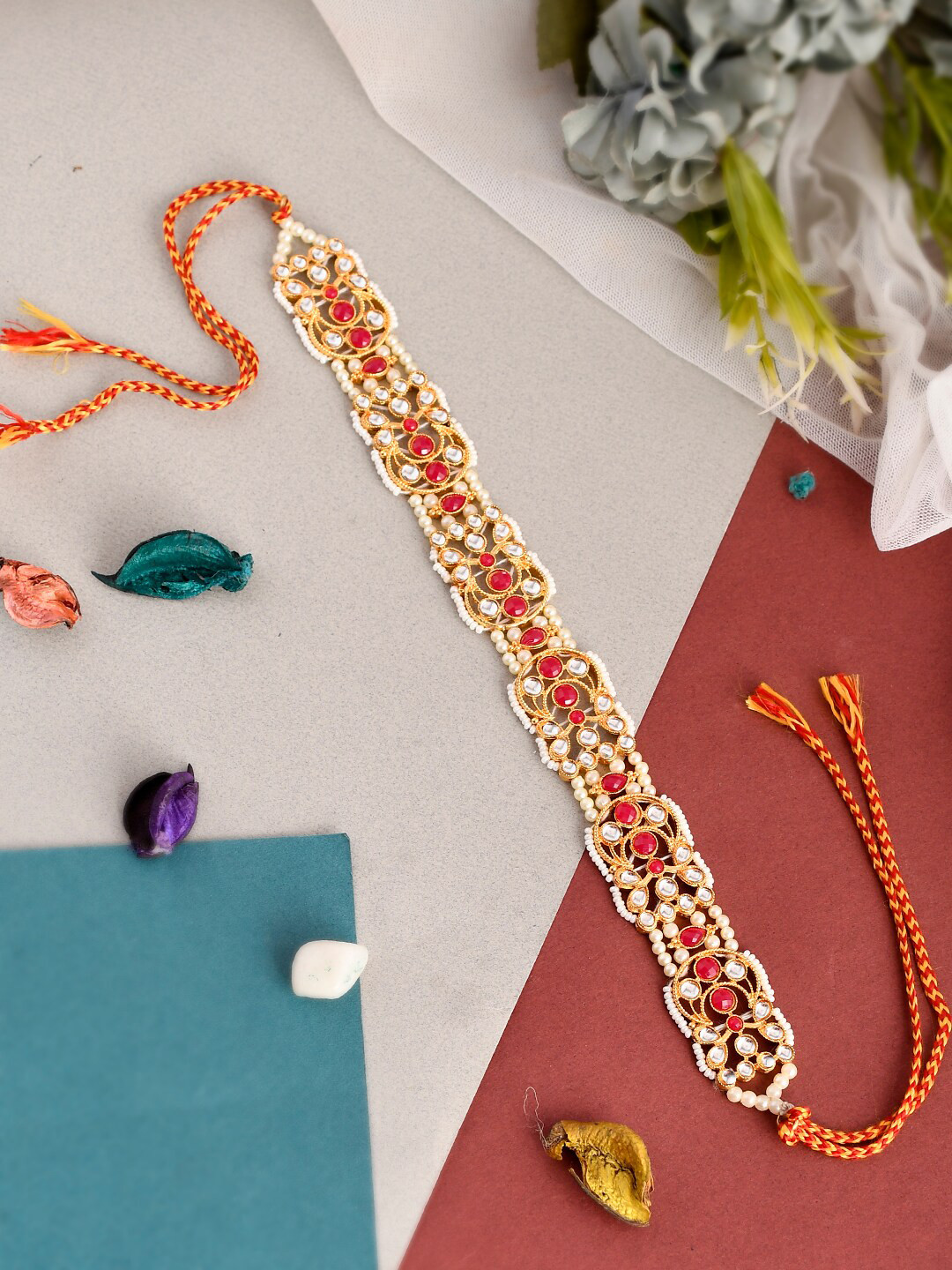 Silvermerc Designs Gold-Plated Pink & White CZ Studded Traditional Rajputi Matha Patti