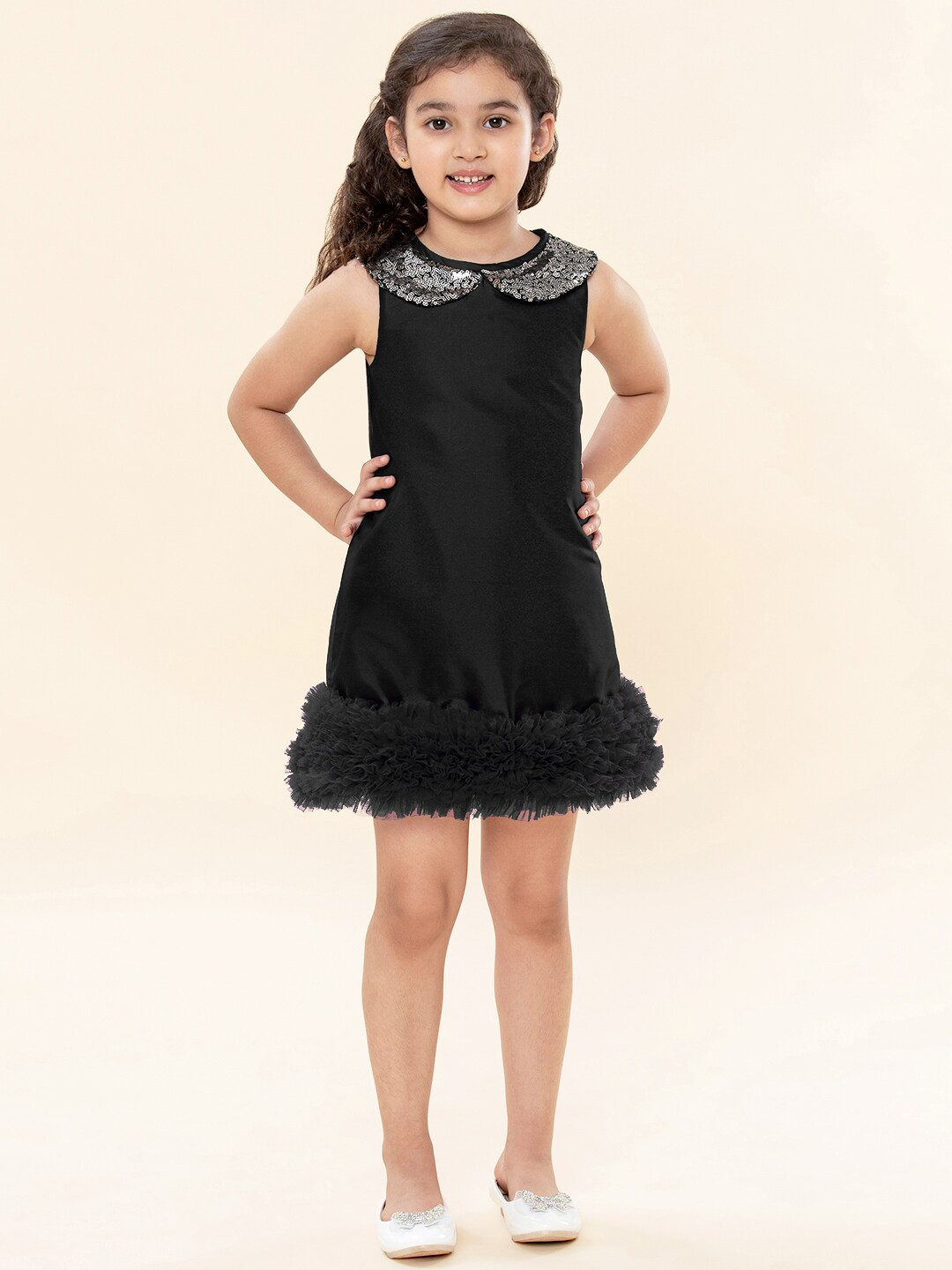 A T U N Girls Black Jewel Neck Solid Fit & Flare Dress