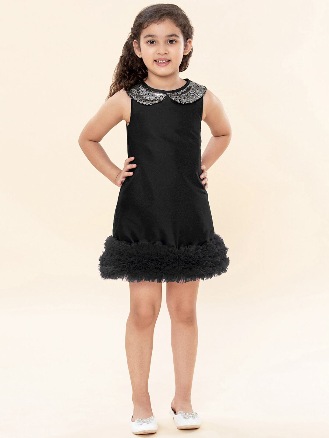 A T U N Black Peter Pan Collar A-Line Dress