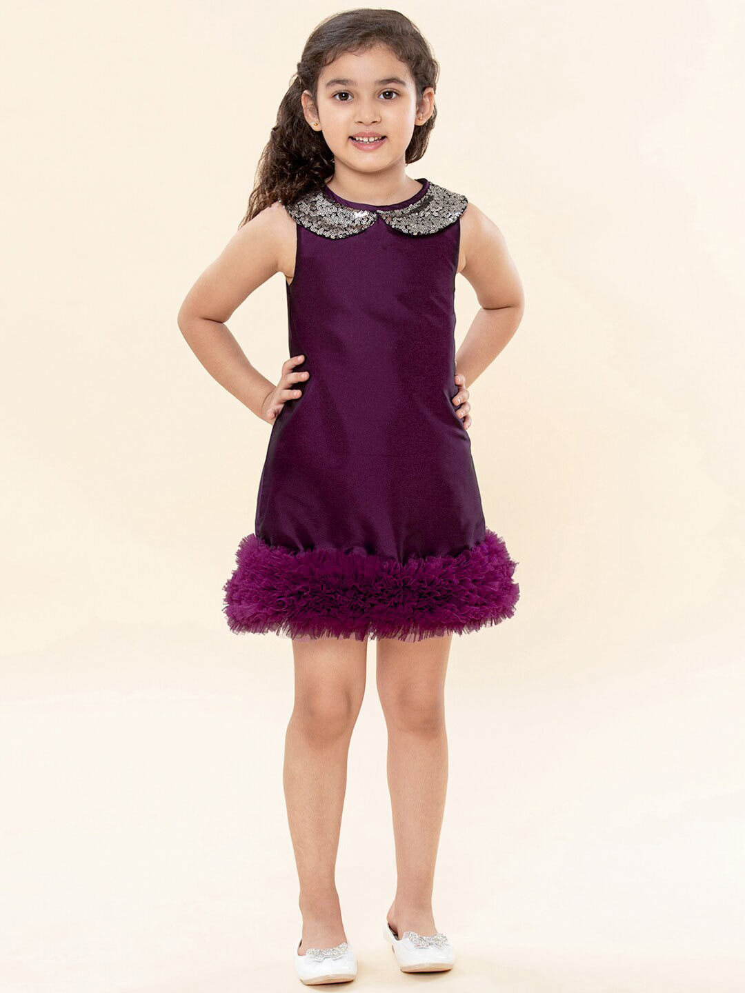 A T U N Purple & Silver-Toned Embellished Peter Pan Collar A-Line Dress
