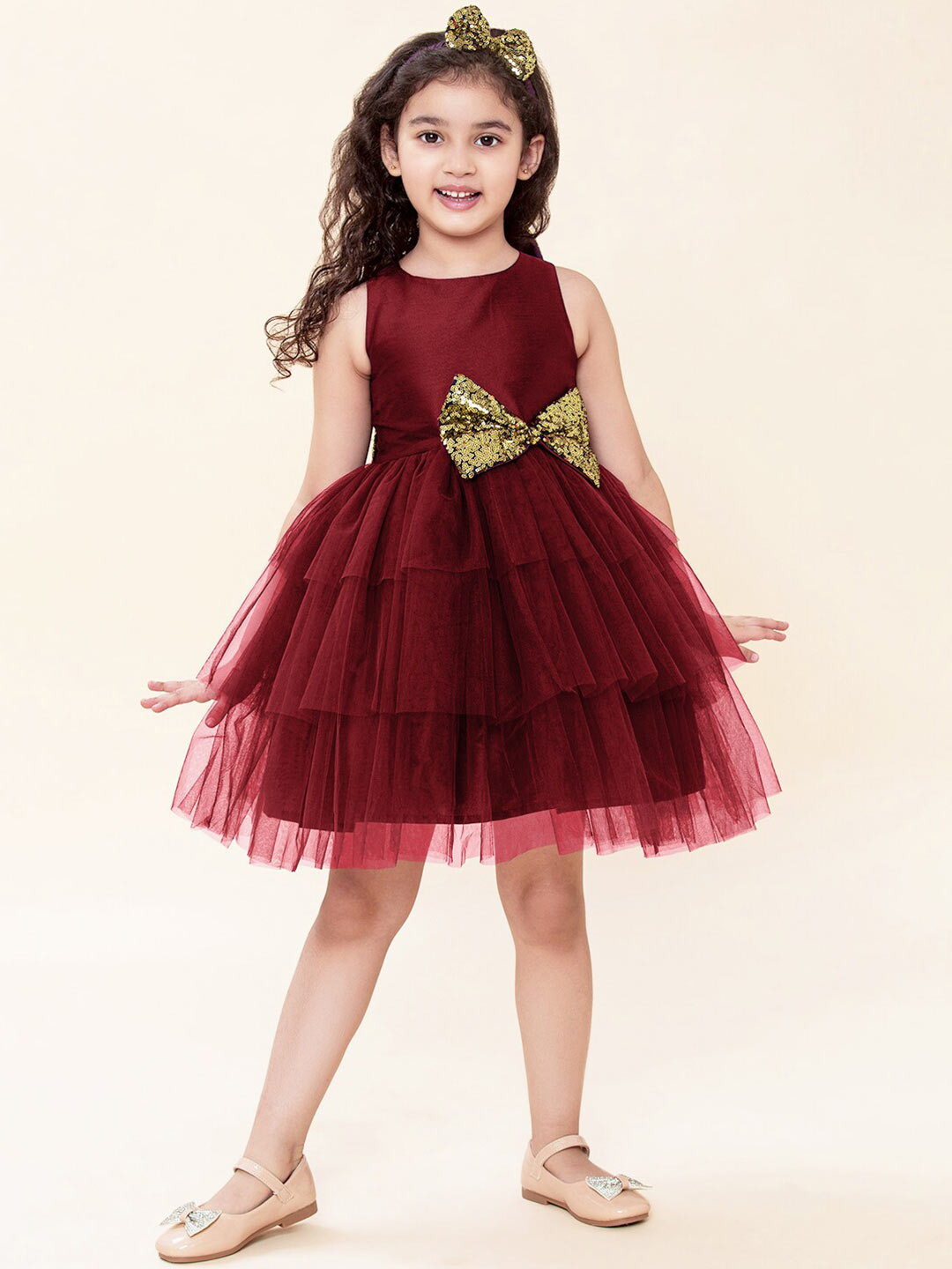 A.T.U.N. Girls Maroon Layered Net Dress With Headband