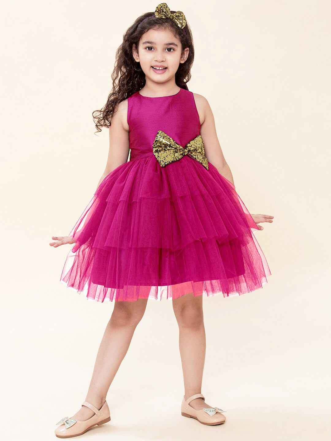 A T U N Fuchsia & Gold-Toned Embellished Net Dress