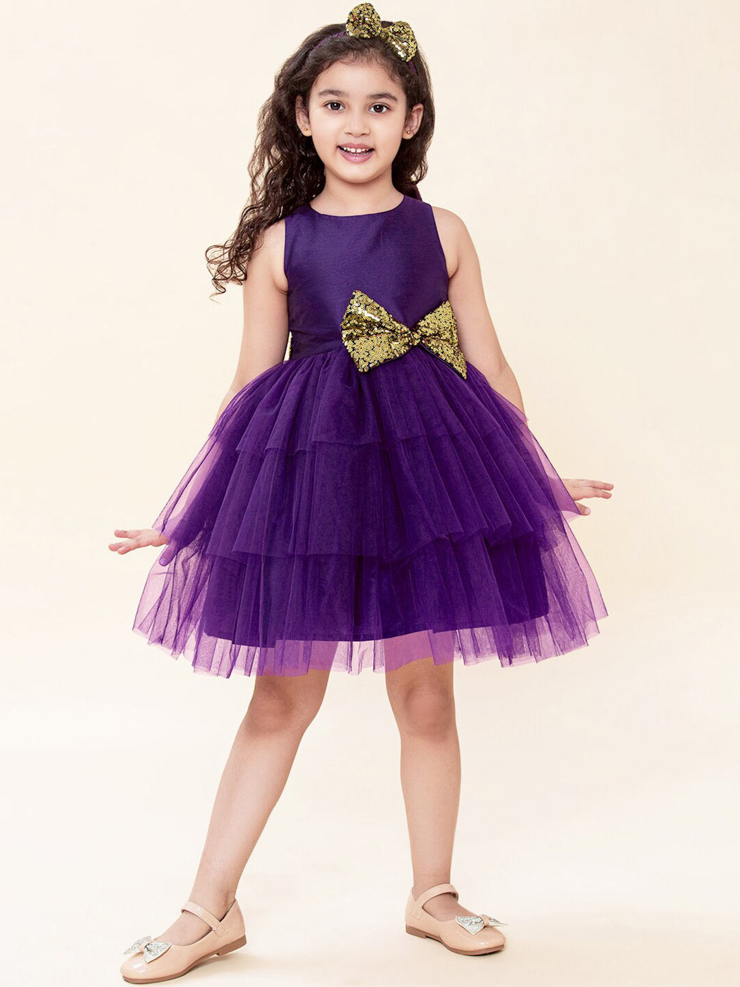 A.T.U.N. Girls Purple Layered Net Dress With Headband