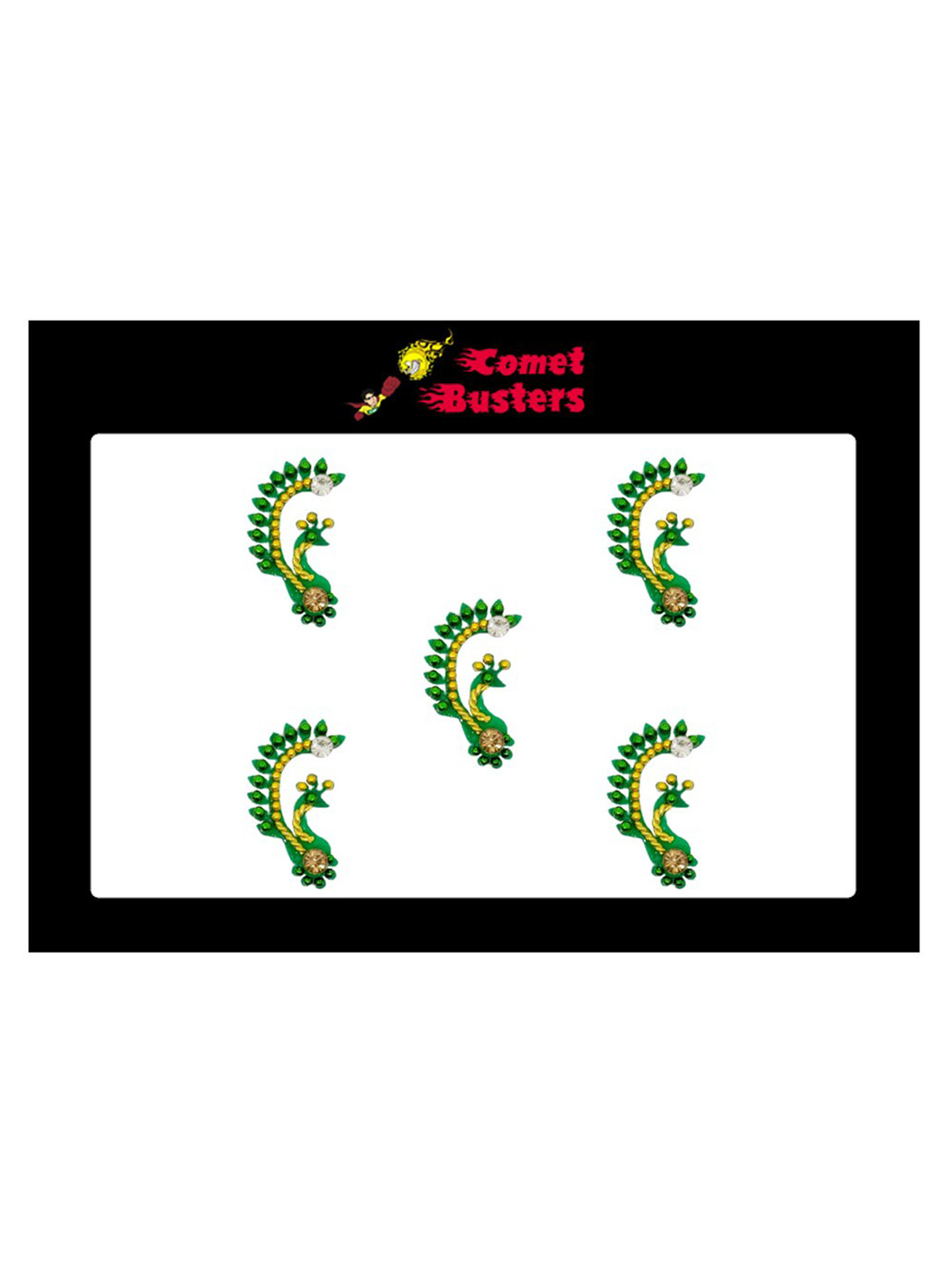 Comet Busters 5 Pcs Embellished Reusable Peacock-Shaped Designer Bindis - Green