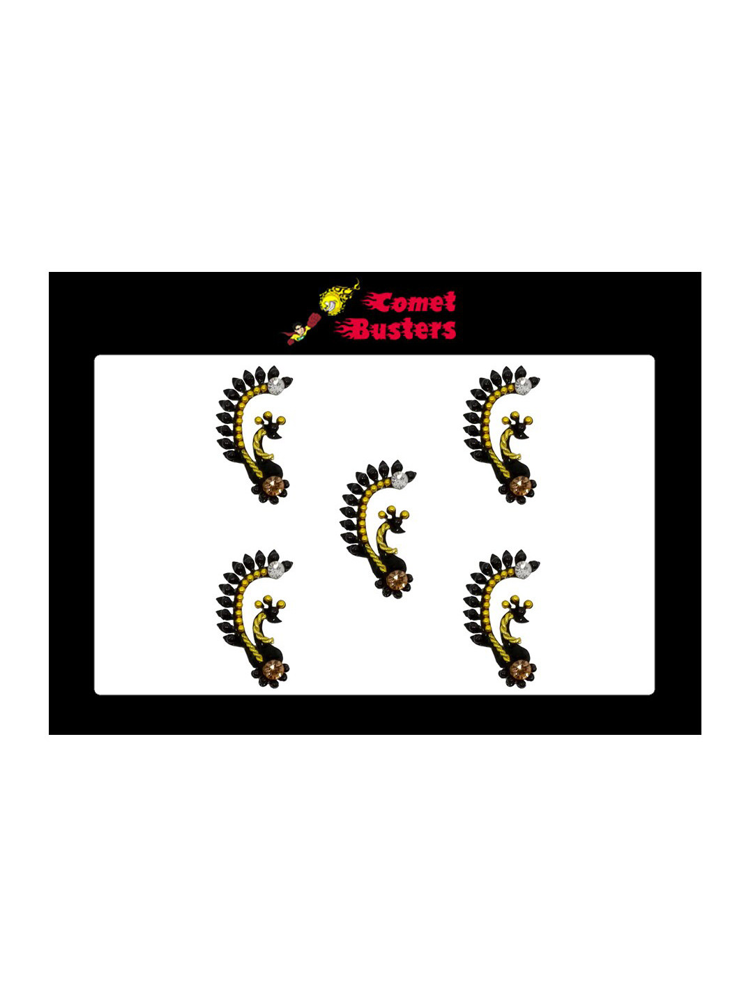 Comet Busters 5 Pcs Embellished Reusable Peacock-Shaped Designer Bindis - Black