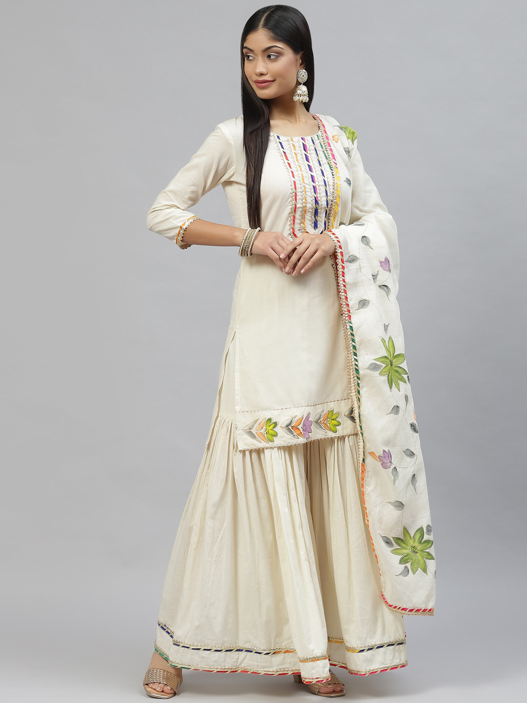 Divena Women Cream-Coloured Yoke Design Gotta Patti Cotton Kurta with Sharara & Dupatta