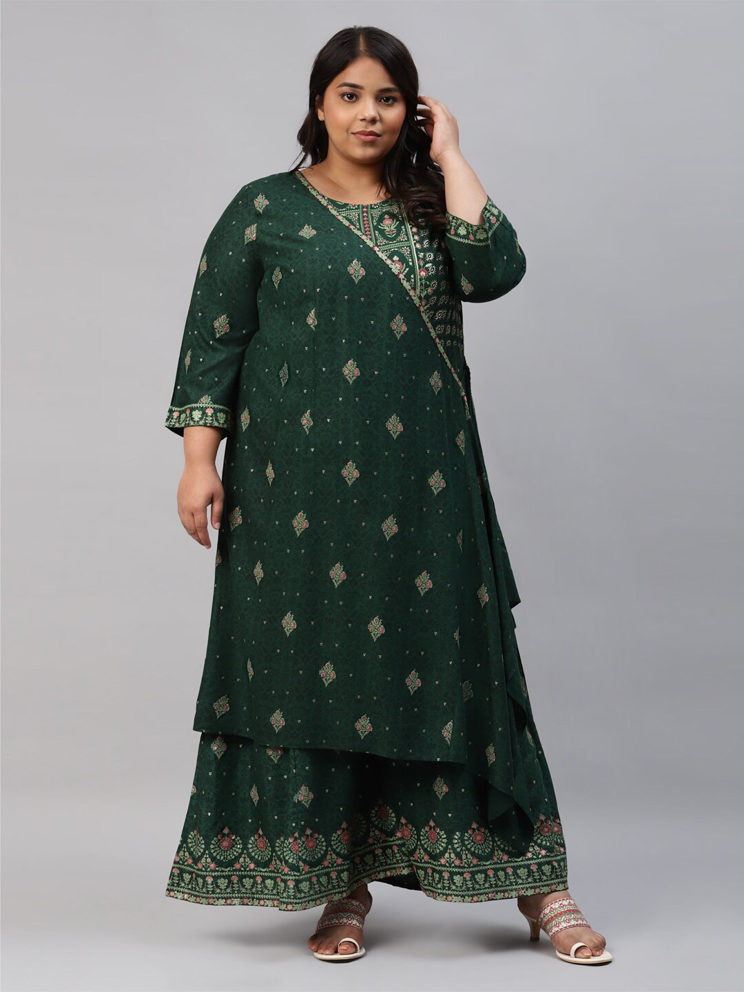 W Plus Size Green Printed with Layered Jumpsuit