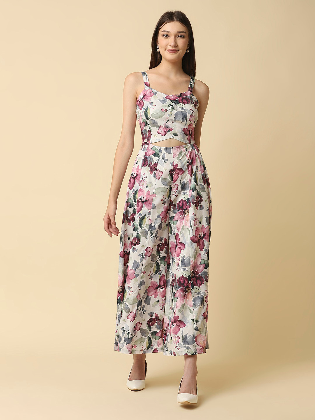 RAASSIO Cream-Coloured & Pink Floral Printed Jumpsuit
