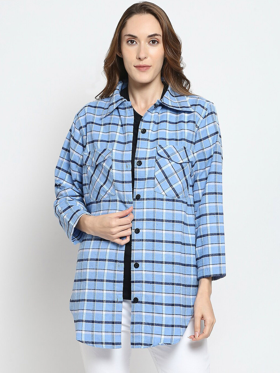 Smarty Pants Women Blue Black Cotton Checked Lightweight Longline Tailored Jacket