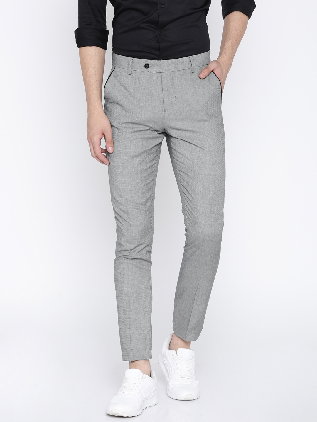 Buy INVICTUS Men Grey Slim Fit Self Design Cigarette Trousers ...