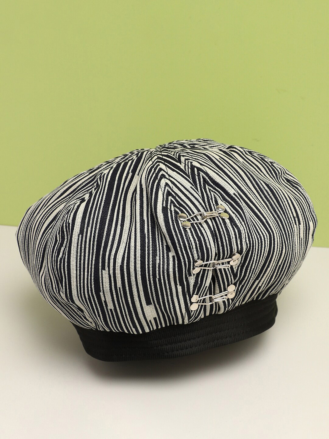 HAUTE SAUCE  Unisex Black & White Striped Beret Cap