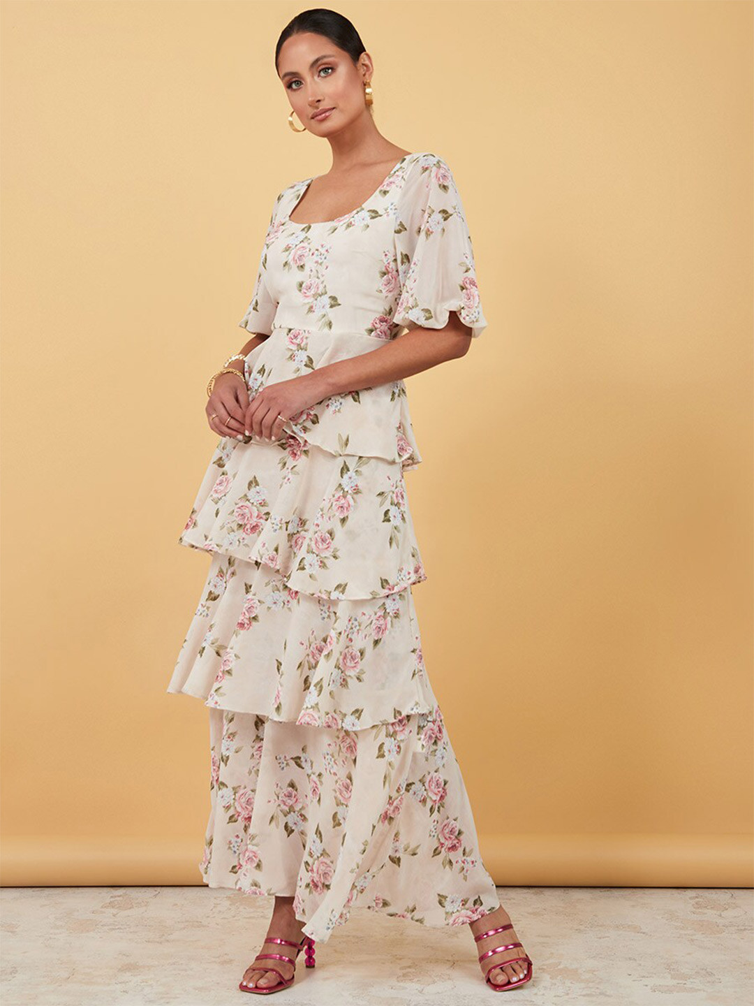 Styli Women Cream-Coloured Short Sleeves Square Neck Floral Print A-Line Maxi Dress