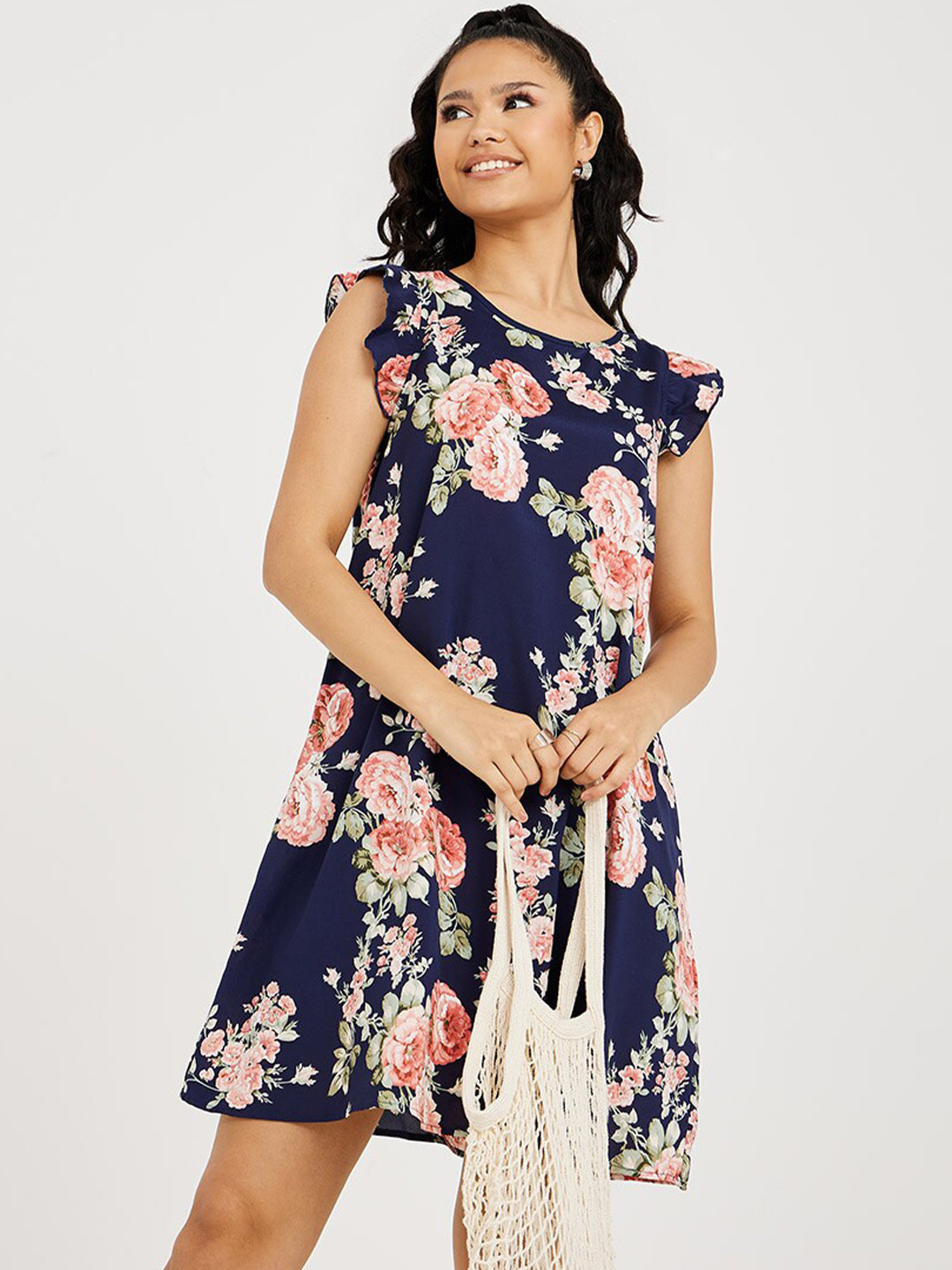 Styli Women Navy Blue & Pink Cap Sleeves Floral Print A-Line Mini Dress