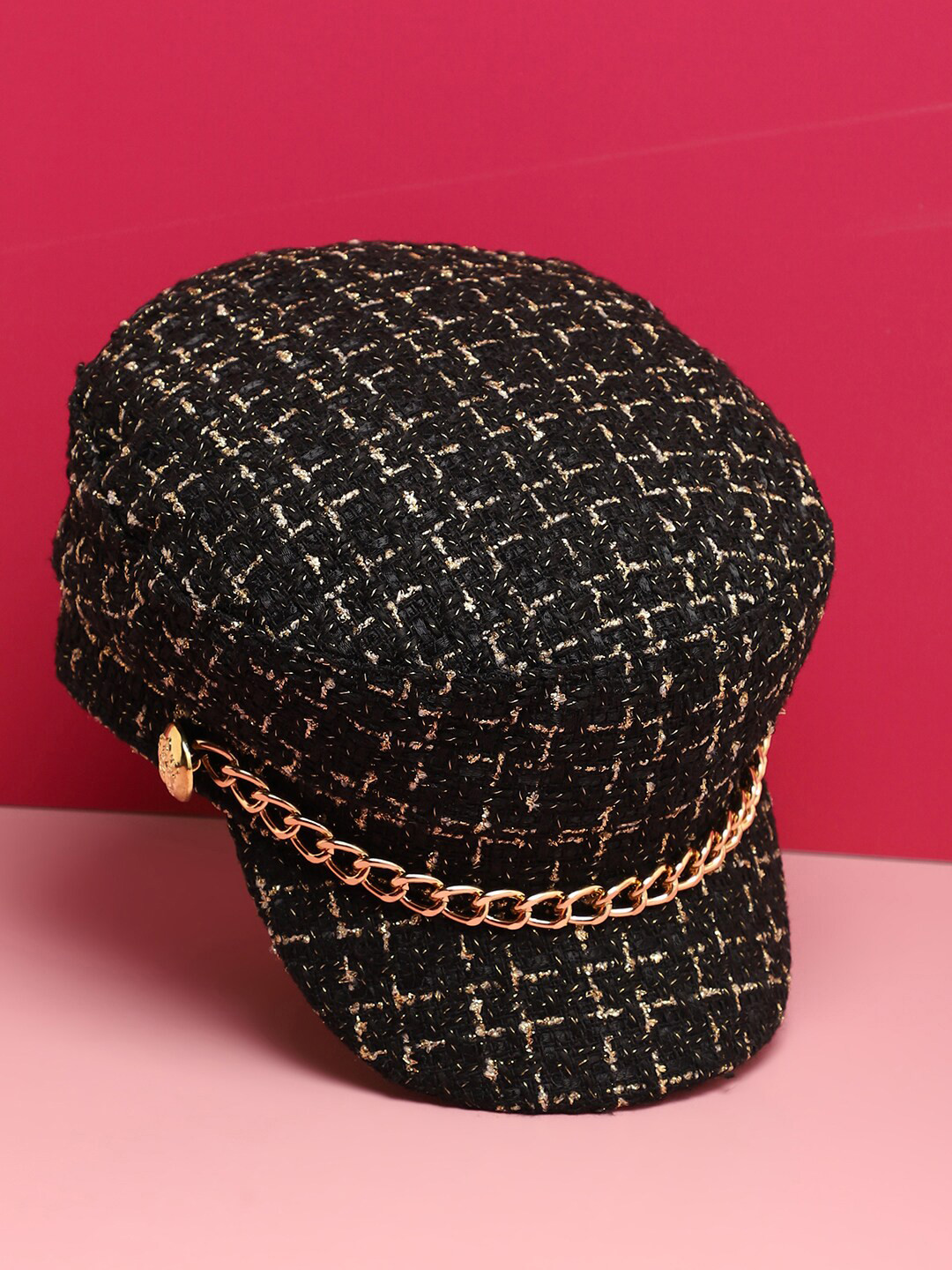 HAUTE SAUCE   Women Black & Gold-Toned Self Design Chain Detail Visor Cap