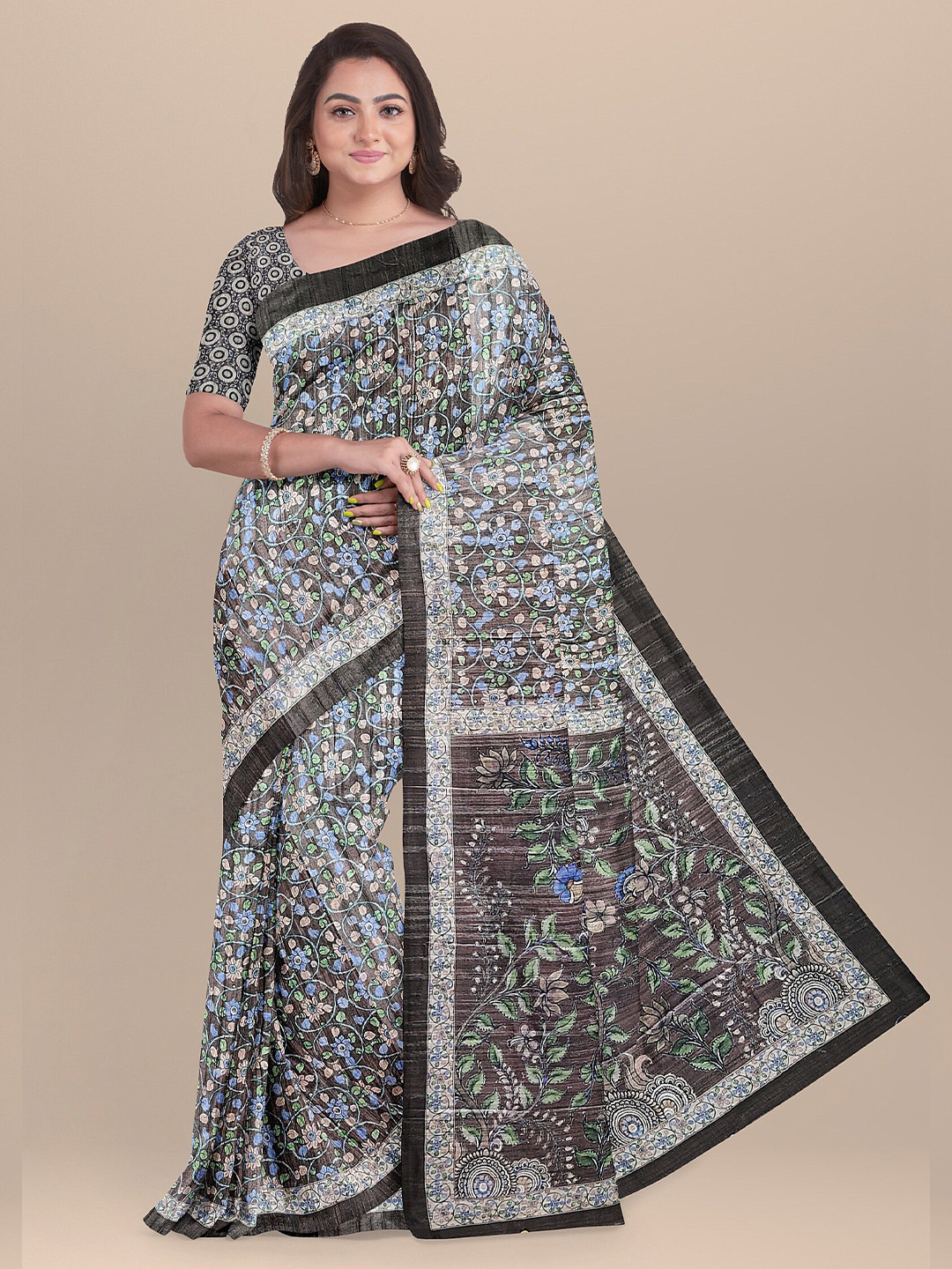 The Chennai Silks Brown & Blue Floral Pure Cotton Chanderi Saree