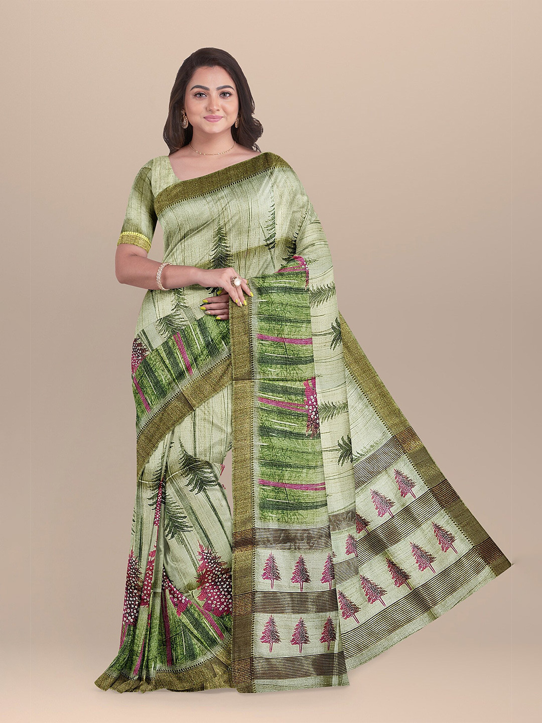 The Chennai Silks Green & Violet Floral Zari Jute Cotton Saree
