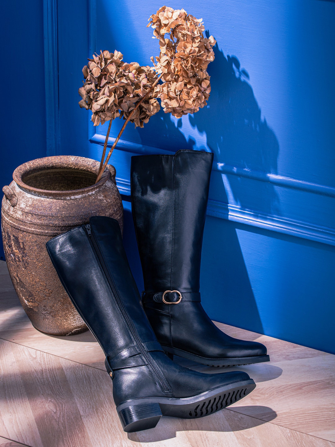 Saint G Women Black Gold Buckle Decorative Leather Long Boots