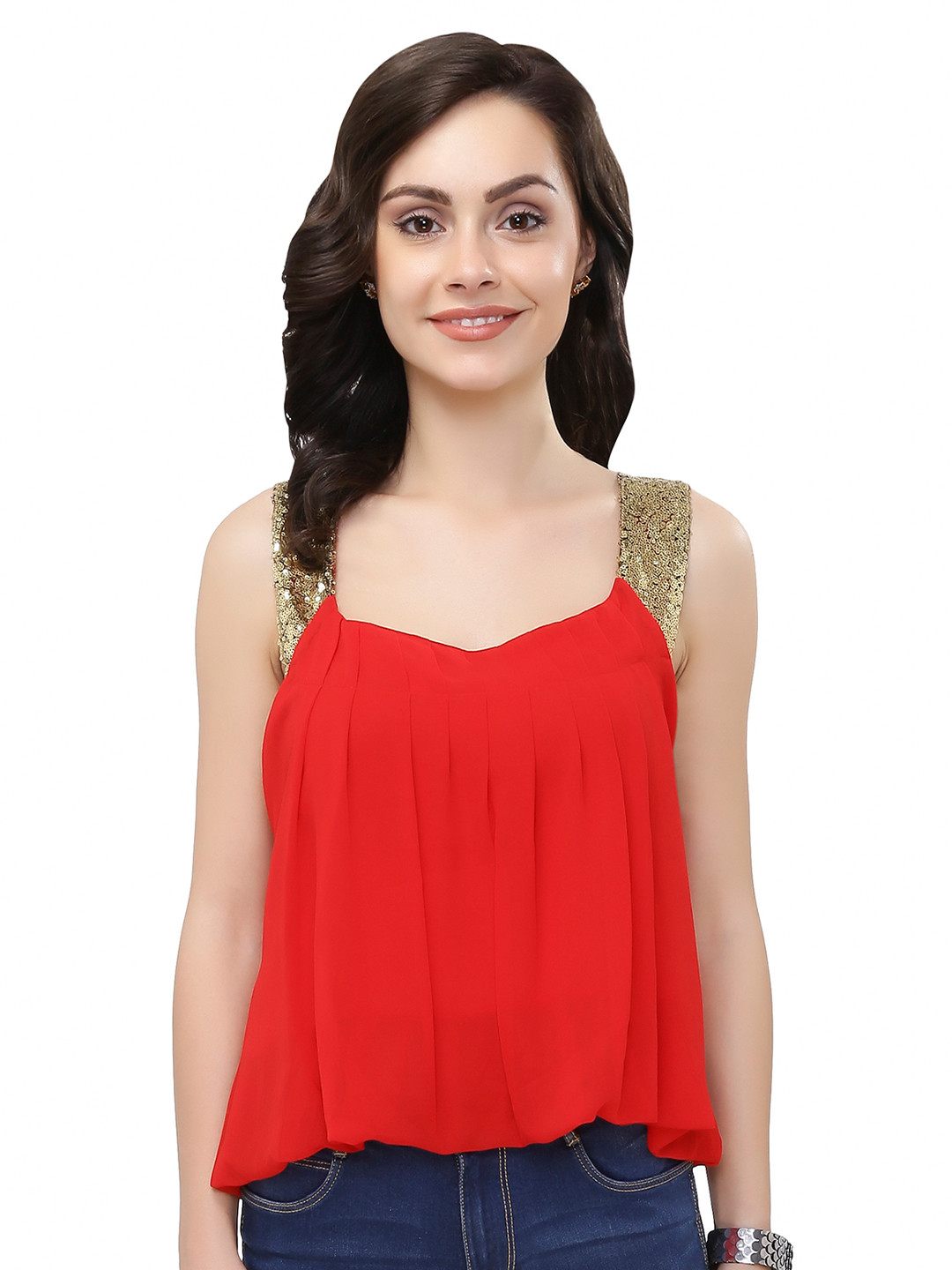 Ashtag Red Sequinned Embellished Georgette Top