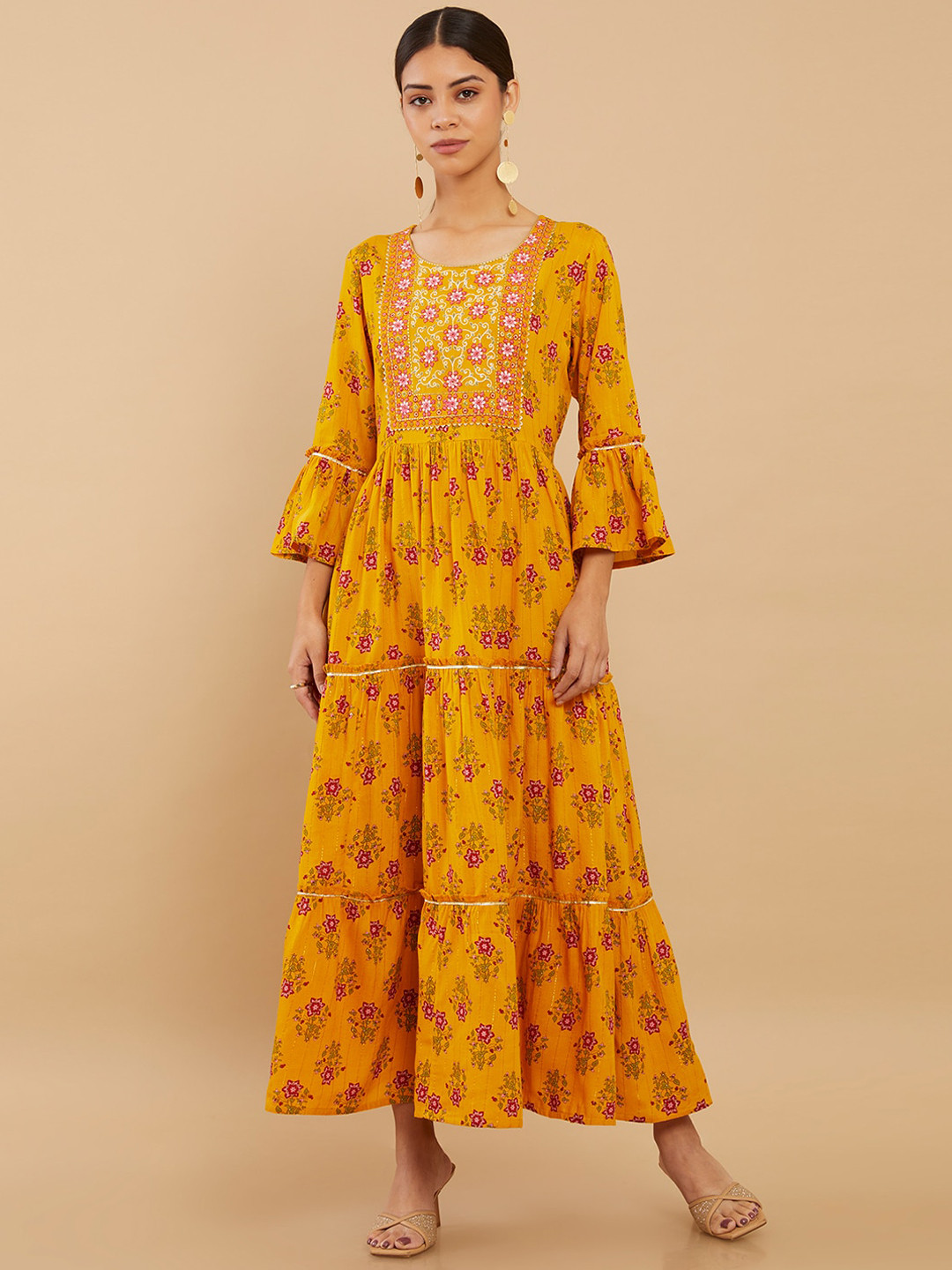 Soch Women Mustard Yellow Floral Printed Bell Sleeves Fit And Flare Ethnic Dress