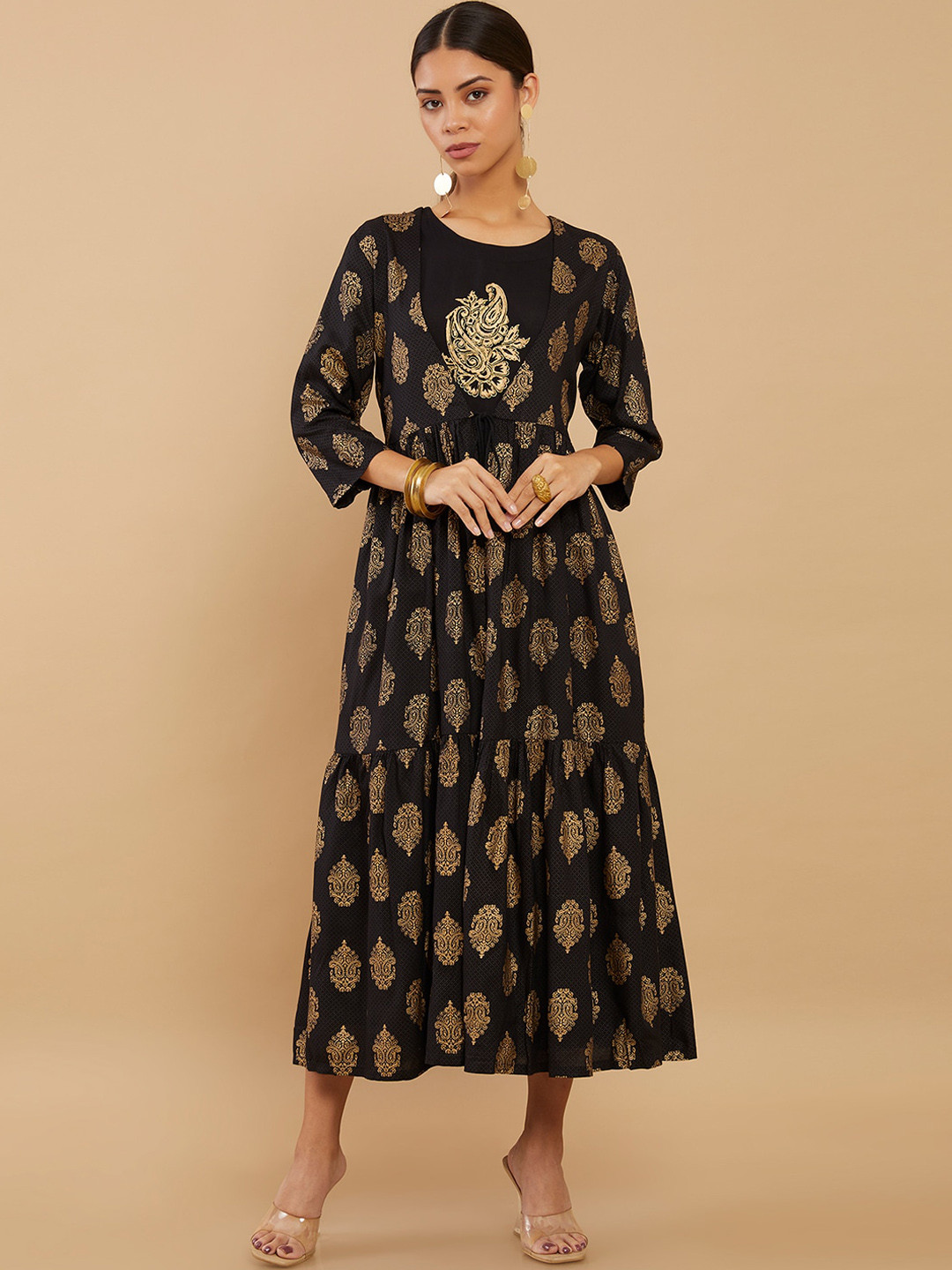 Soch Women Black Fit and Flare Embroided Solid Ethnic dress with Shrug