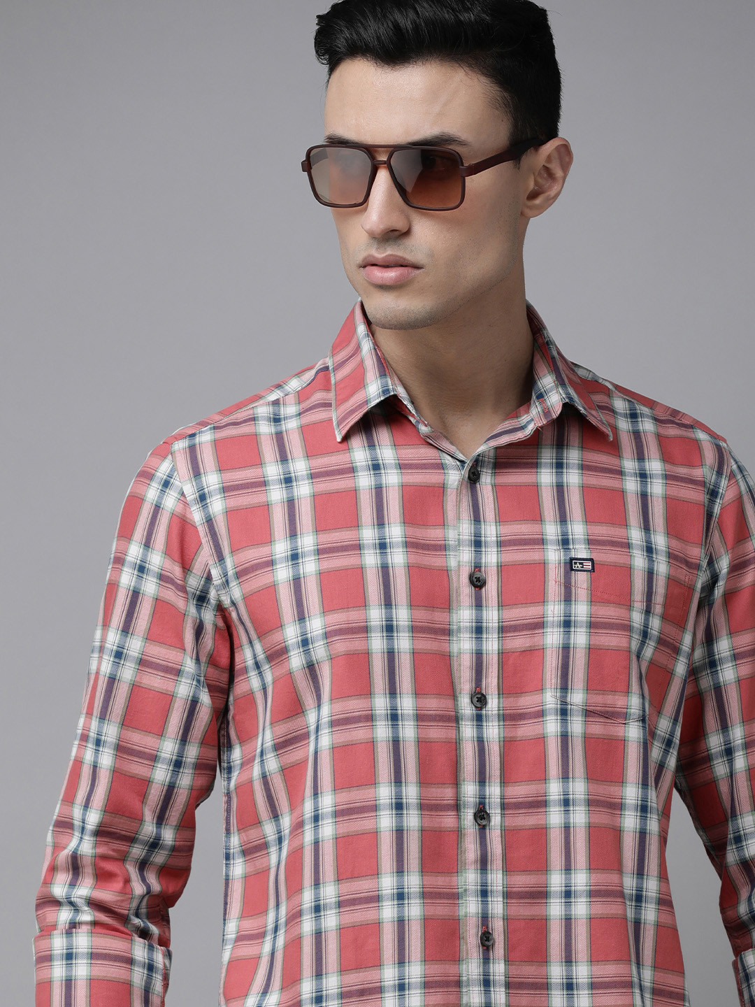 Arrow Sport Men Orange Original Slim Fit Windowpane Checks Pure Cotton Casual Shirt