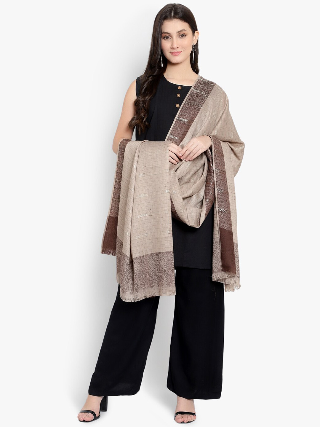 Mizash Women Beige Striped Woven Woolen Shawl