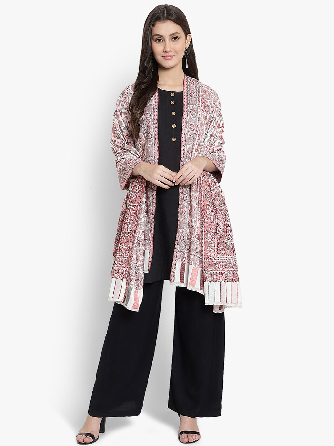 Mizash Women Cream Woven Design Shawl