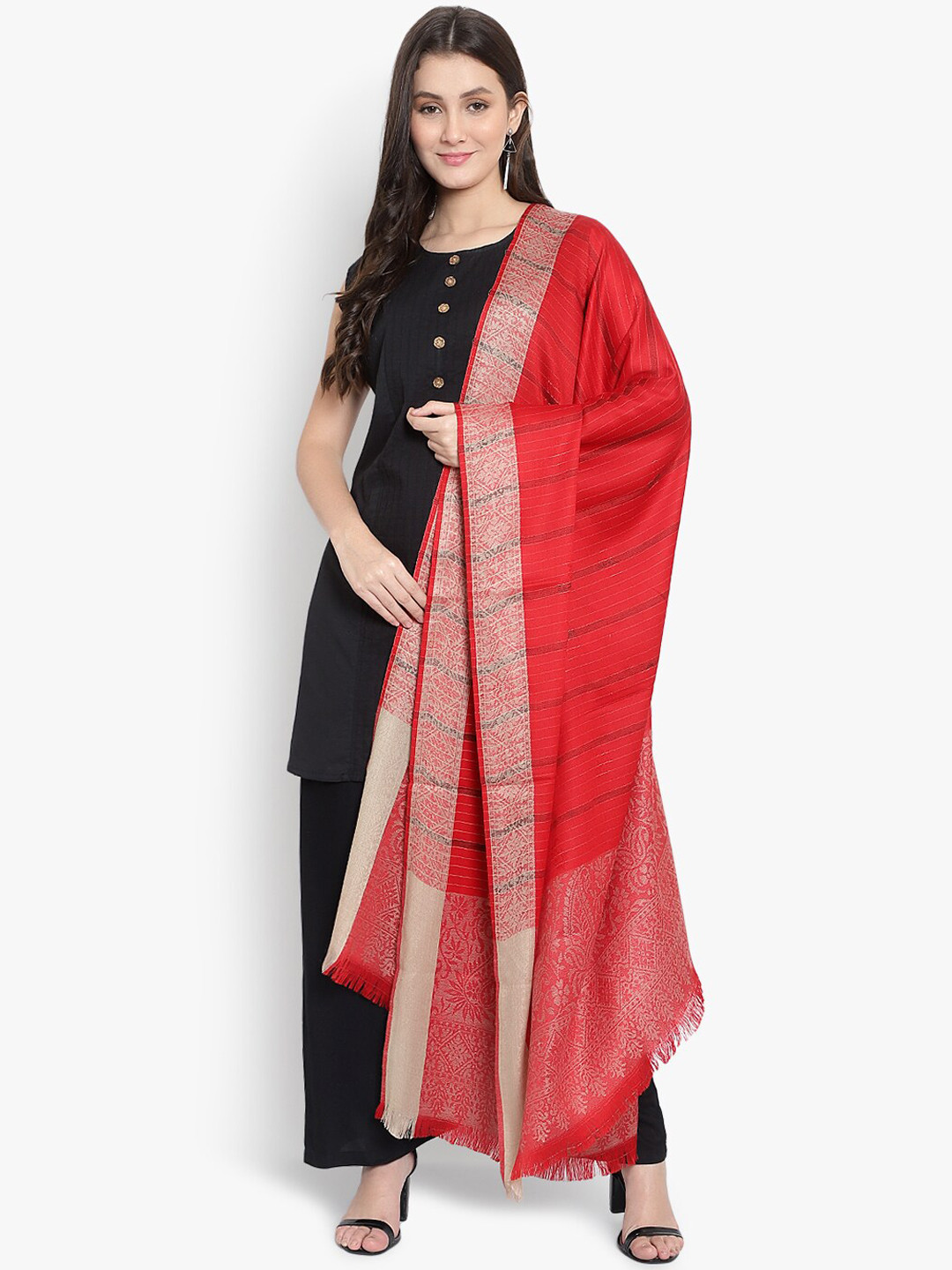 Mizash Women Red Stripes with Border Shawl