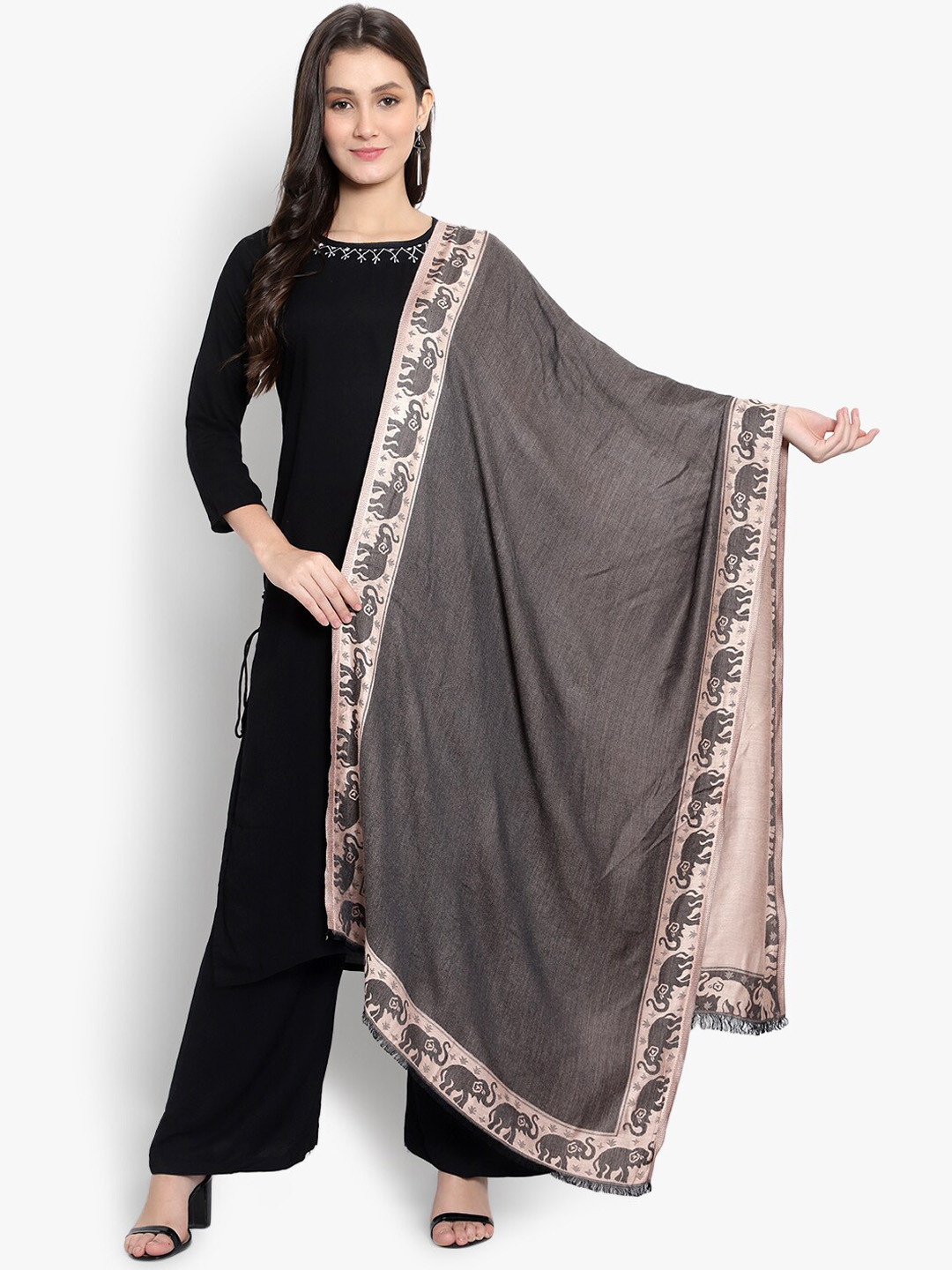 Mizash Women Beige Elephant Motif Border Shawl