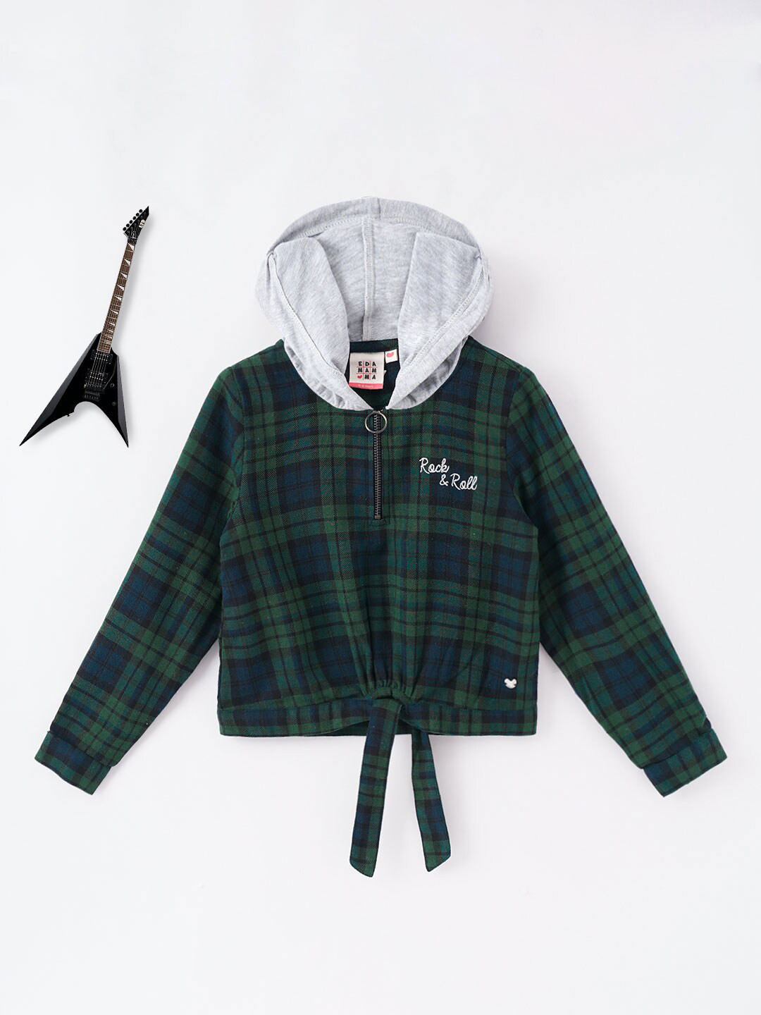 Ed-a-Mamma Girls Green & Navy Blue Hoodie Checked Cotton Top