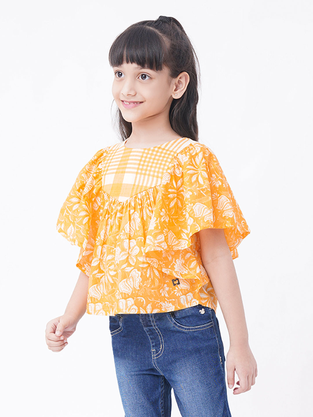 Ed-a-Mamma Girls Yellow & White Floral Print Cotton Cape Top