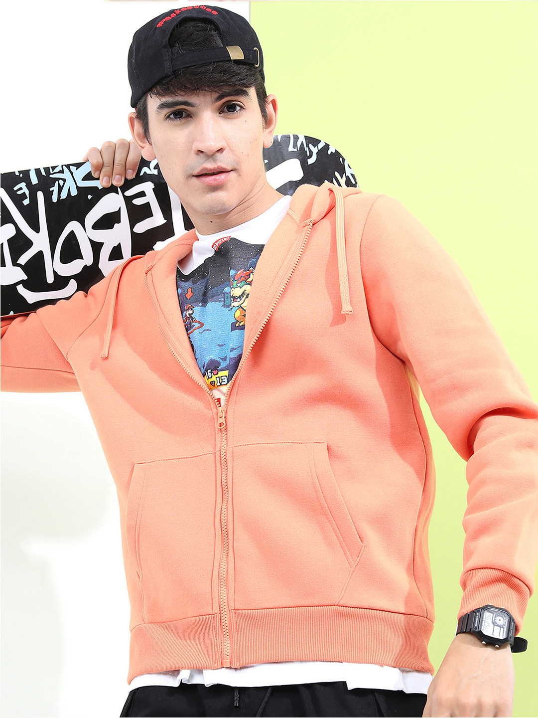 HIGHLANDER Men Peach-Coloured Hooded Front Open Sweatshirt