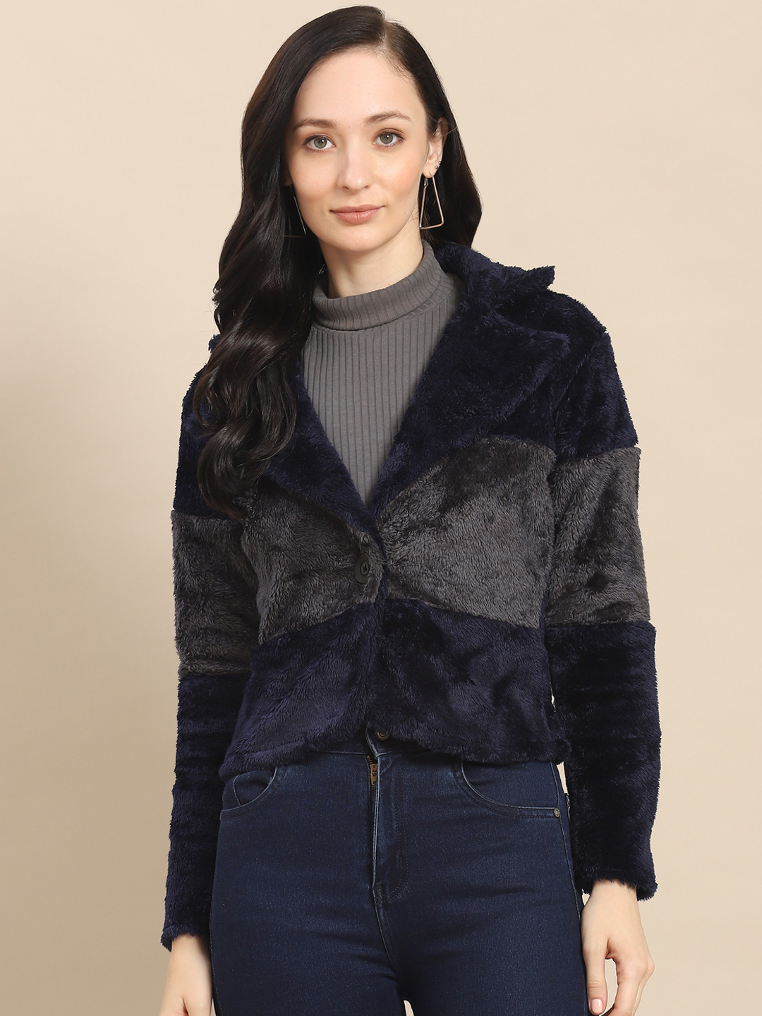 WoowZerz Women Navy Blue & Grey Colourblocked Coat
